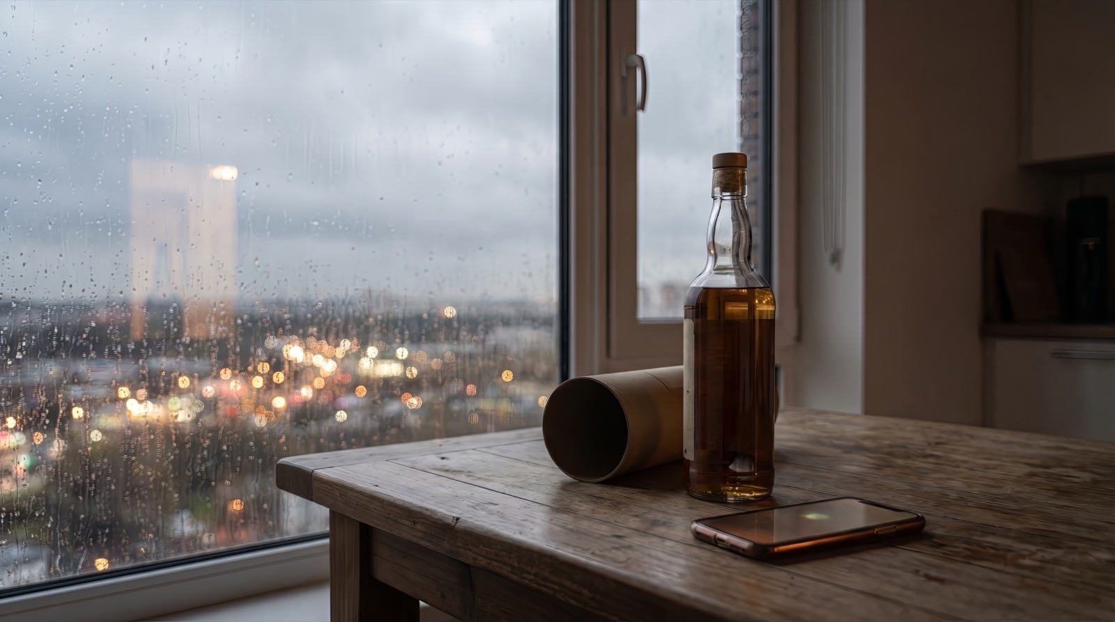 A whisky bottle and gift shop bag on a kitchen table at dusk, a phone beside them glowing with warm amber light, rain on the window behind.